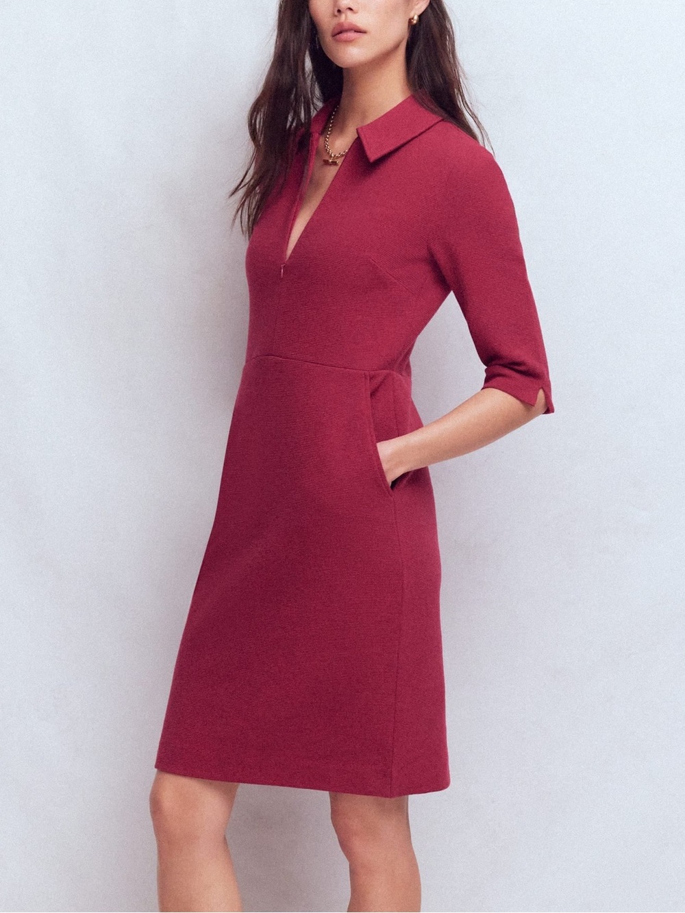Boden Cam Short Sleeve Ottoman Dress Ruby
Red Ribbed Zip Front Preppy 6
